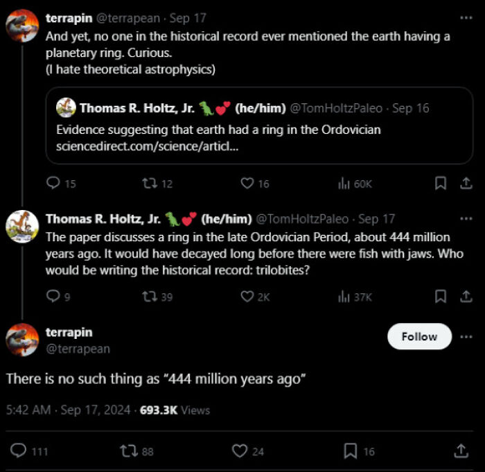 Twitter thread showcasing overly confident incorrect people discussing planetary rings and historical records.