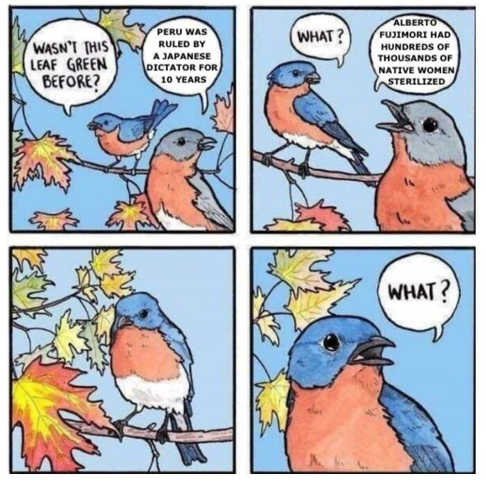 Two bluebirds on a branch discussing unexpected historical facts in a humorous meme format.