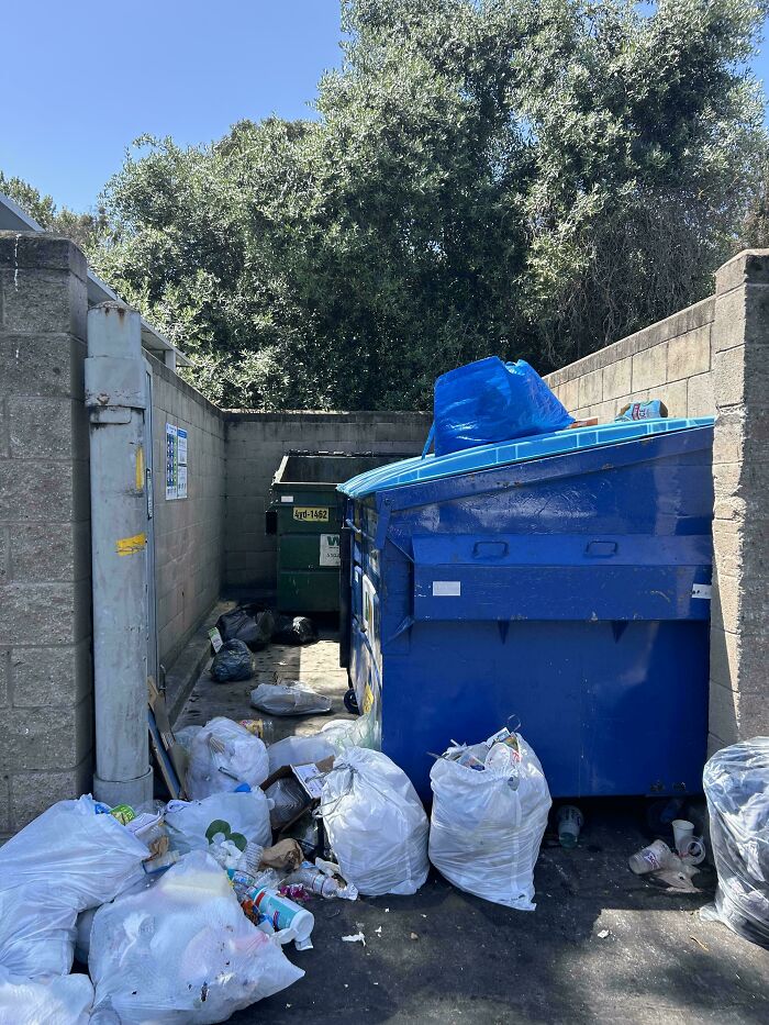 Los vecinos amontonan su basura frente al contenedor vacío