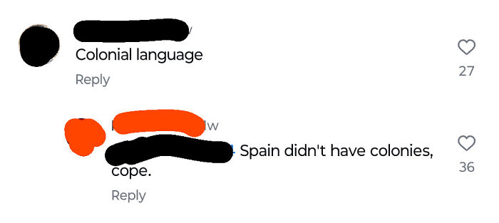 Two social media comments showing overly confident incorrect people discussing colonial history.