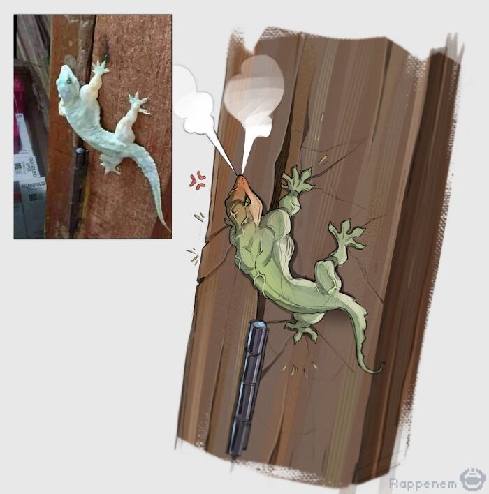 Lizard on wood with exaggerated muscles as an absolute unit, showcasing strength in cartoon style.