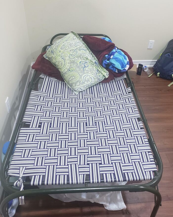 My Landlord Took Away The Bed And Mattress That Were Provided In The "Furnished" Rental And Replaced It With This Thing Which Is Really Hard To Sleep On