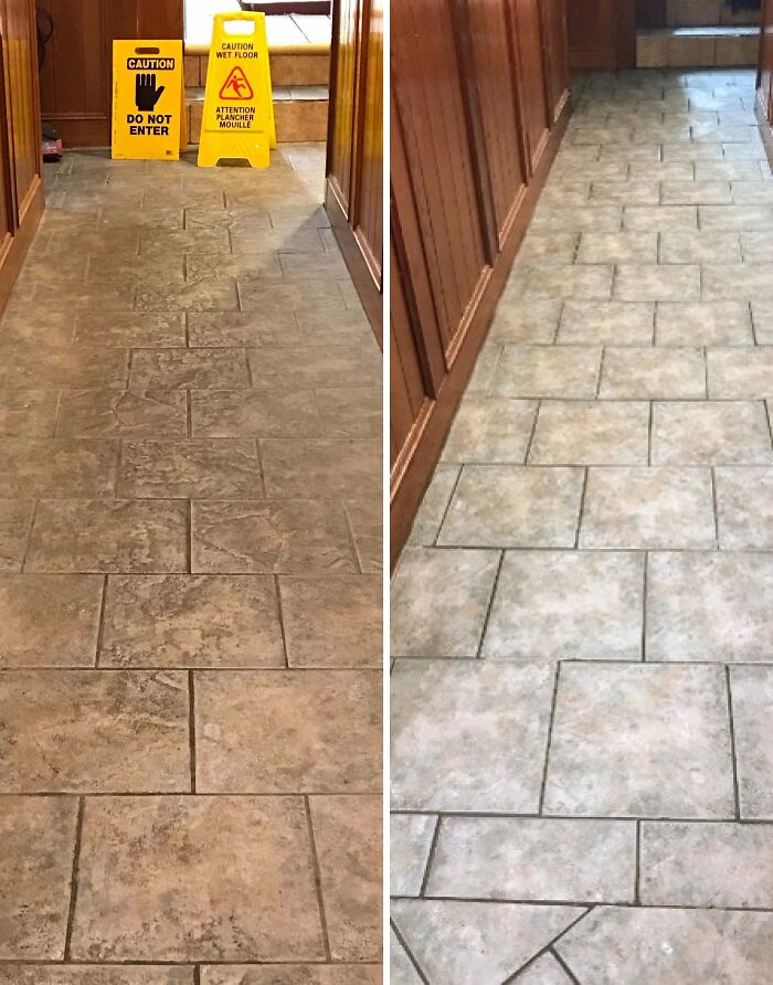 Years Of Grime Removed From Tile Floor With Vinegar, Baking Soda, Dish Soap And Water