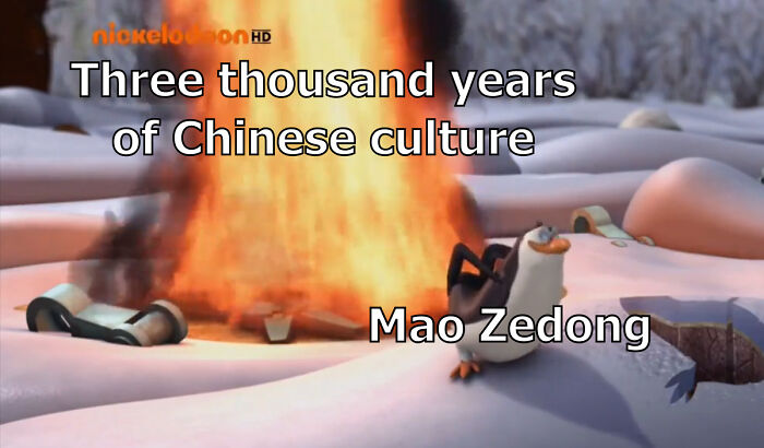 Penguin looks at burning artifacts with text "Three thousand years of Chinese culture" and "Mao Zedong," illustrating history memes.