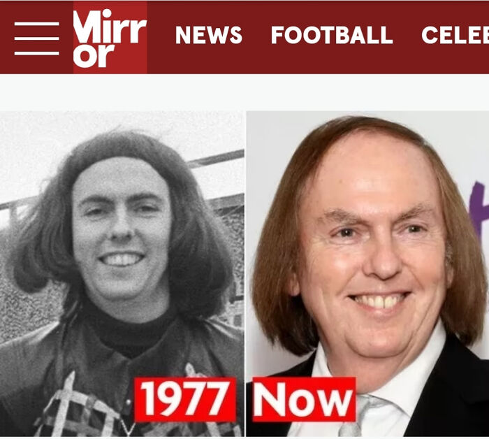 Side-by-side comparison of a person's hairstyle from 1977 to now, highlighting a tragic hair accident.