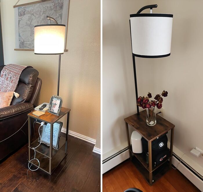 Small Space Living? No Problem! This Lamp With Shelf Combo Is The Space-Saving Solution You've Been Dreaming Of. Books, Coffee, Phone Charger - It's Got Room For Everything