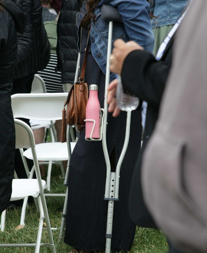 This Woman Attached A Convenient Cup Holder To Her Crutches