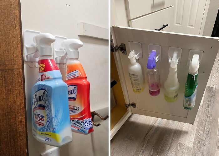 Tired Of Your Cleaning Supplies Staging A Coup Under Your Sink? These Spray Bottle Hangers Will Restore Order And Keep Those Bottles In Line (And Within Easy Reach)!