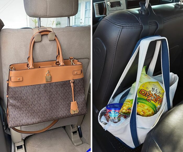 Your Backseat Is About To Go From A Chaotic Mess To A Zen Oasis! These Car Headrest Hooks Will Keep Your Purses, Bags, And Groceries From Doing The Cha-Cha Slide Every Time You Turn A Corner