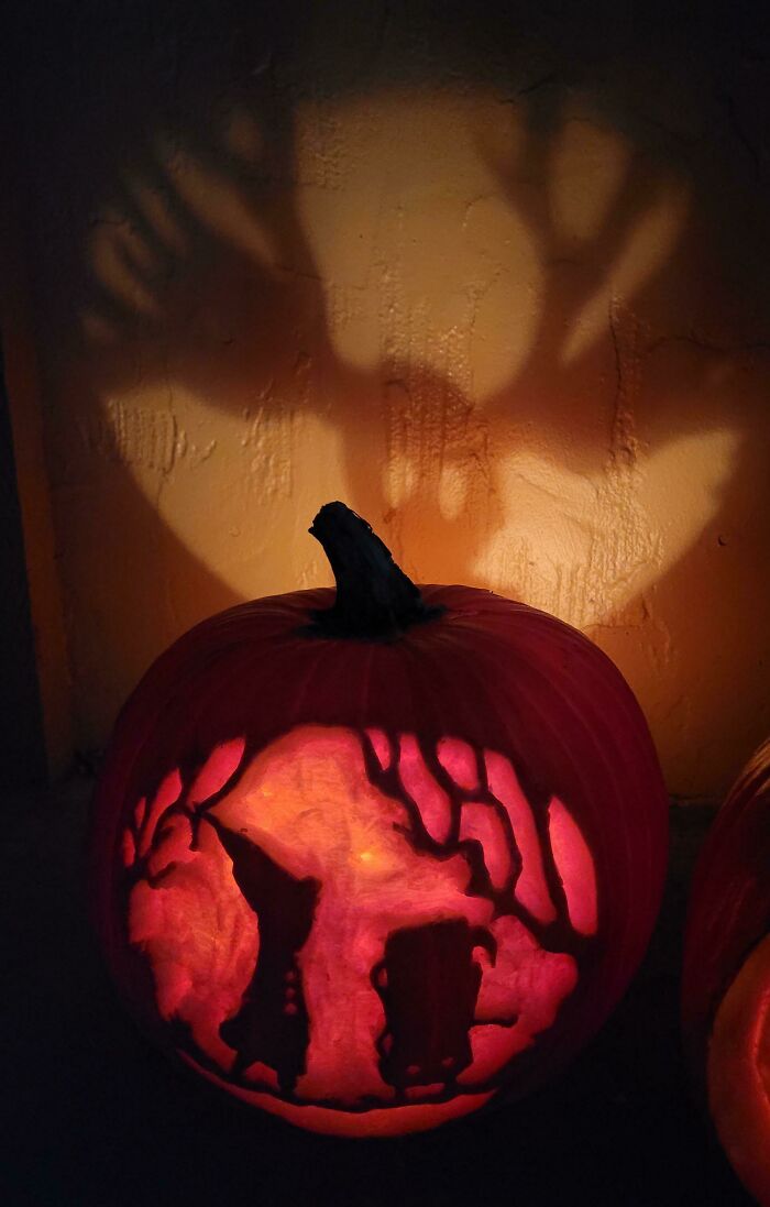 The Pumpkin I Carved Last Year! The Beast Is Carved In The Back To Throw The Shadow