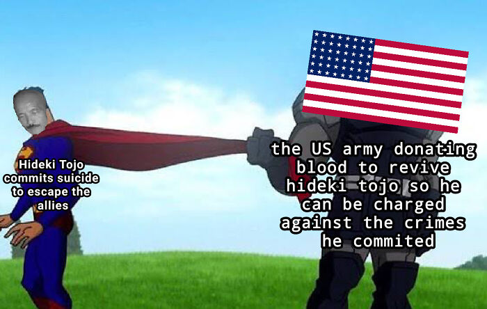 Meme humorously depicting historical event with Superman stopping a character labeled as Hideki Tojo.