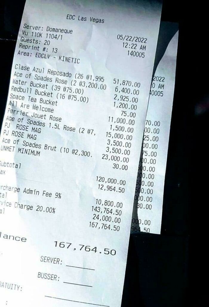 Receipt showing a bill totaling $167,764.50 for drinks, highlighting absolute units things.