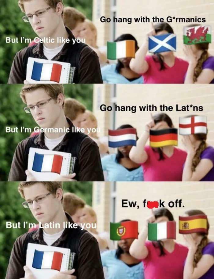 History memes humorously depicting a person with a French flag being rejected by different European groups.