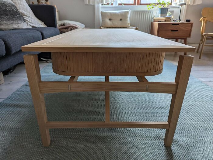 I Designed And Built This Coffee Table With A Tambour Door And A 'Floating' Table Top. The Tambour Can Slide All The Way Around And Theres A Drawer On Both Sides