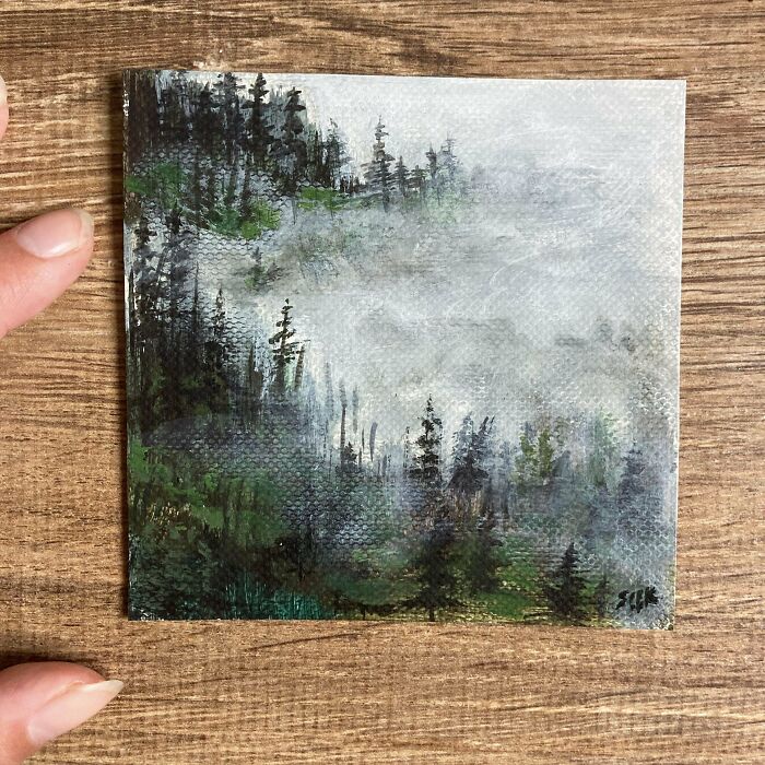 I Love To Make Small, Tiny Paintings 🖤 Here’s A Foggy Landscape I Made!