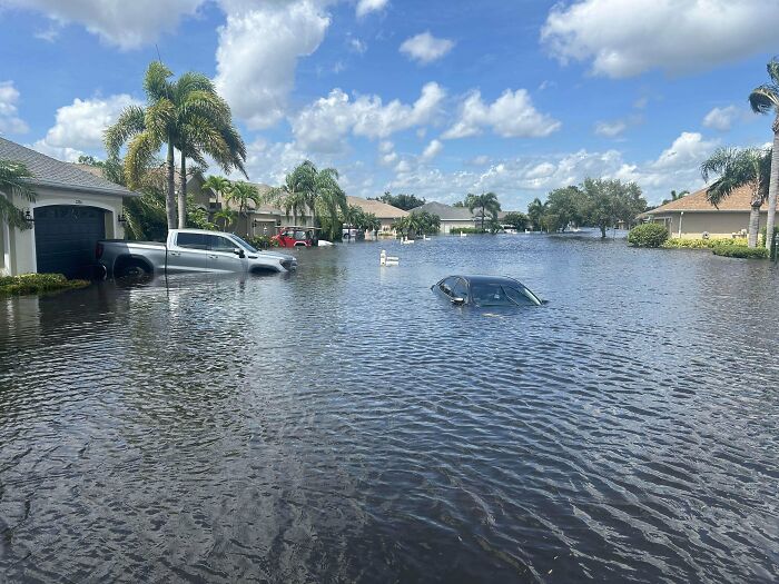 Todo mi barrio está sumergido en una inundación con aguas residuales.