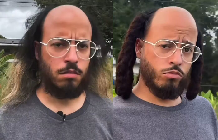 Man with glasses showing a funny hair accident, one side short and one side long, reflecting tragic hair result.