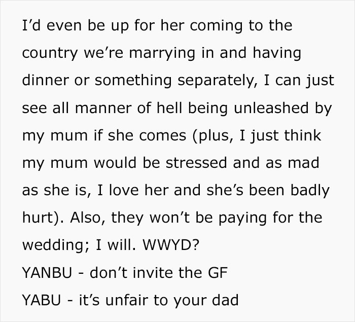 Sensitive Mom Cried For A Month As Dad Got New GF After Divorce, Bride Doesn't Want GF At Wedding