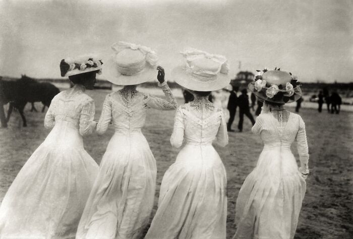 Racecourse On Norderney Island Four Ladies In White Dresses On The Turf, Germany, 1908 - By Otto Haeckel