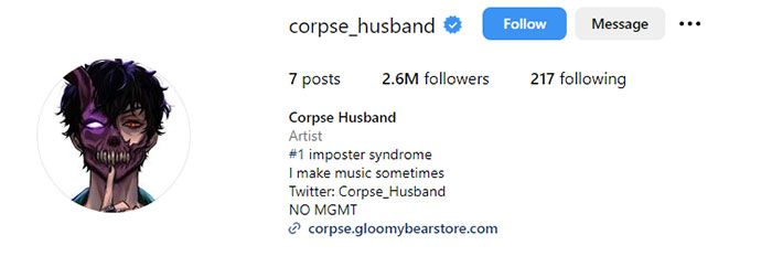 Corpse Husband's Instagram profile with 2.6M followers, displaying an avatar of a character with a half-purple skull face. Bio mentions imposter syndrome and music creation.