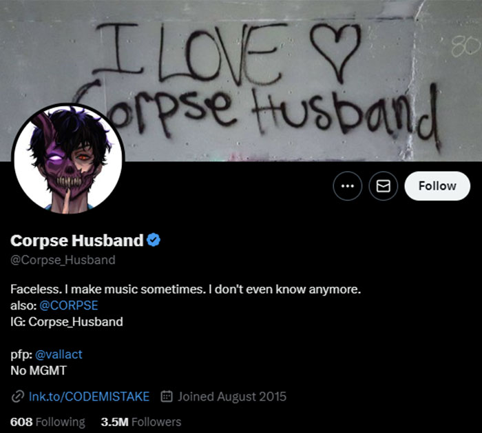 Corpse Husband's Twitter profile with 3.5M followers. Profile features graffiti that says "I LOVE Corpse Husband" and a masked avatar with purple and red eyes.