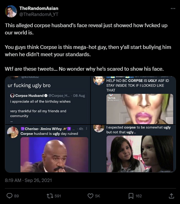 A tweet criticizing online bullying of Corpse Husband after a supposed face reveal, showing hurtful comments and highlighting the negative impact.