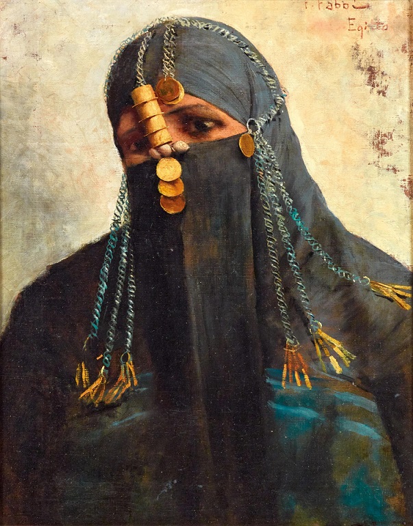 01 Work, Orientalist Artist, Fabio Fabbi’s A Veiled Egyptian Woman With An Arousa El Burka The Traditional Face Veil, With Footnotes #129