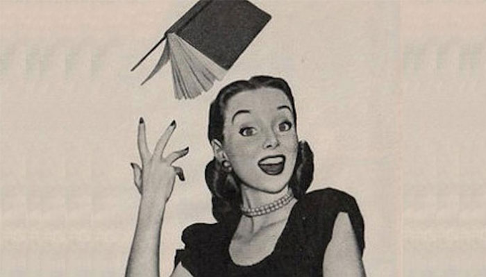 A vintage-style illustration of a cheerful woman with a big smile, tossing a book into the air with excitement. Her expression suggests a sense of relief or celebration, as if she has just finished studying or work. This image could be used to inspire a "funny group chat name" related to books, finishing tasks, or playful reactions to mundane situations.