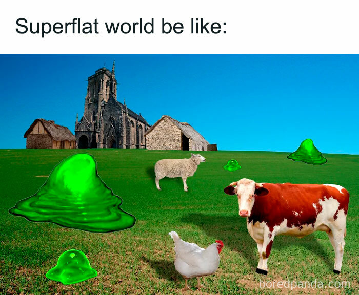 A Minecraft meme illustrating a superflat world with a digitally edited image of a flat landscape featuring random farm animals like a cow, sheep, and chicken, along with green slimes scattered around. In the background, there are a few medieval-style buildings. The text at the top reads, "Superflat world be like," humorously depicting the sparse and randomly generated features found in Minecraft’s superflat world setting.