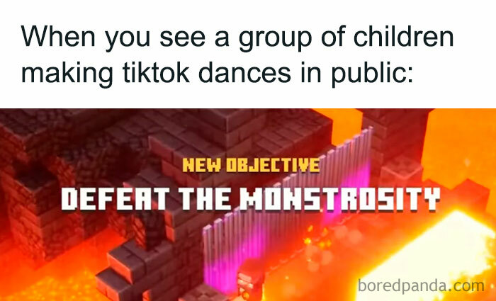 A Minecraft meme featuring a screenshot from Minecraft Dungeons showing the in-game text "NEW OBJECTIVE: DEFEAT THE MONSTROSITY." The text above the image reads, "When you see a group of children making TikTok dances in public," humorously comparing the sight of children dancing to an epic battle objective in a game, suggesting that it feels like encountering a challenging situation.