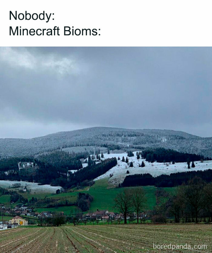 A Minecraft meme showing a real-life photo of a landscape where a grassy field suddenly transitions into a snowy area on a hillside, with a clear line separating the two. The text above reads, "Nobody: Minecraft Biomes:" humorously comparing the abrupt change in weather and terrain in the photo to the way biomes sharply transition in the Minecraft game, often without gradual blending.