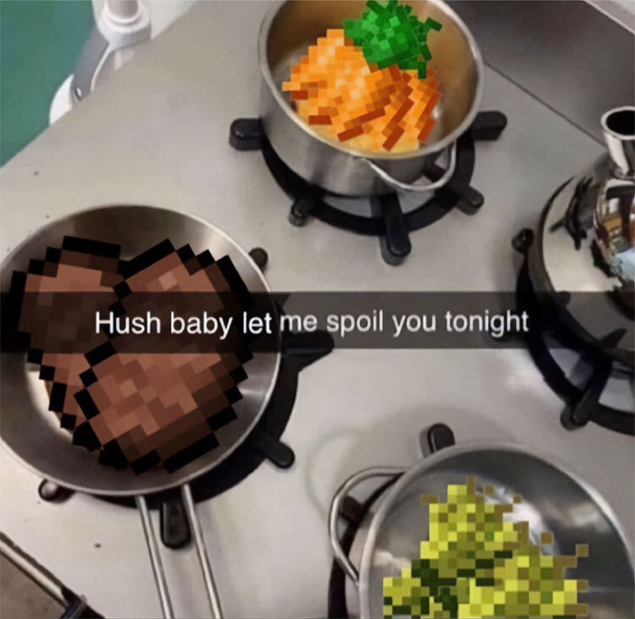 A Minecraft meme featuring a photo of a stovetop with three pots and pans, each containing pixelated Minecraft food items: a steak, a carrot, and a bunch of green vegetables. The text overlay reads, "Hush baby let me spoil you tonight," humorously combining real-life cooking with Minecraft, implying that someone is preparing a special meal using the game's pixelated food items.