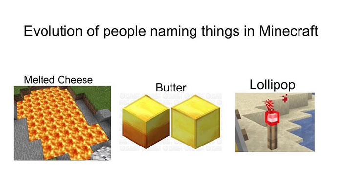 A Minecraft meme titled "Evolution of people naming things in Minecraft." It features three images labeled with humorous names for Minecraft items. The first image shows lava labeled as "Melted Cheese," the second image shows gold blocks labeled as "Butter," and the third image shows a redstone torch labeled as "Lollipop." The meme humorously highlights the creative and often silly names that players come up with for common Minecraft items.