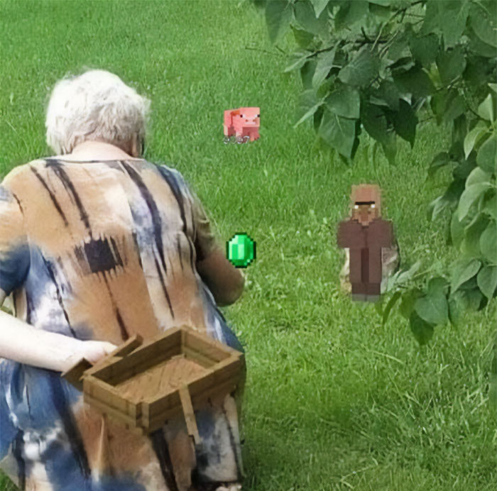 A Minecraft meme featuring a photo of an elderly person crouching in a grassy area, with Minecraft elements edited into the image. The edited elements include a pixelated Minecraft pig, a villager, and an emerald floating above the grass, along with a wooden Minecraft boat on the person's back. The meme humorously merges real life with Minecraft gameplay, as if the person is interacting with Minecraft entities and objects in their backyard.