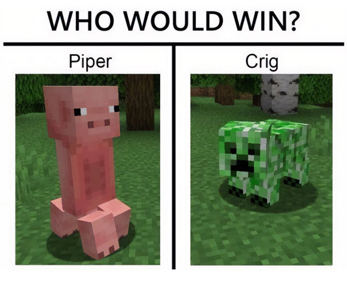 A Minecraft meme titled "WHO WOULD WIN?" with two side-by-side images of humorous Minecraft creatures. On the left is "Piper," a pixelated creature that is a pig with an elongated body. On the right is "Crig," a creature that appears to be a creeper with the body of a pig. The meme playfully imagines a showdown between these two funny, hybrid Minecraft entities, combining elements of both pigs and creepers in a lighthearted competition.