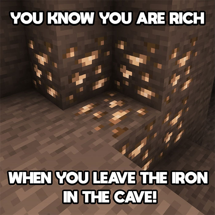 A Minecraft meme with an image of iron ore blocks in a cave, set against a pixelated stone background. The text above reads, "YOU KNOW YOU ARE RICH," and the text below says, "WHEN YOU LEAVE THE IRON IN THE CAVE!" This meme humorously highlights the notion that a player is wealthy in Minecraft when they can afford to ignore the commonly sought-after iron ore during their mining adventures.