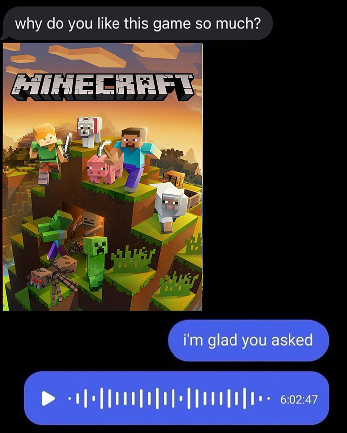 A Minecraft meme featuring a screenshot of a text conversation. The first message asks, "why do you like this game so much?" above an image of the Minecraft cover art with various characters and creatures. The reply shows a voice message indicator with a lengthy duration of "6:02:47," humorously suggesting that the explanation for why someone loves Minecraft is very long and detailed.