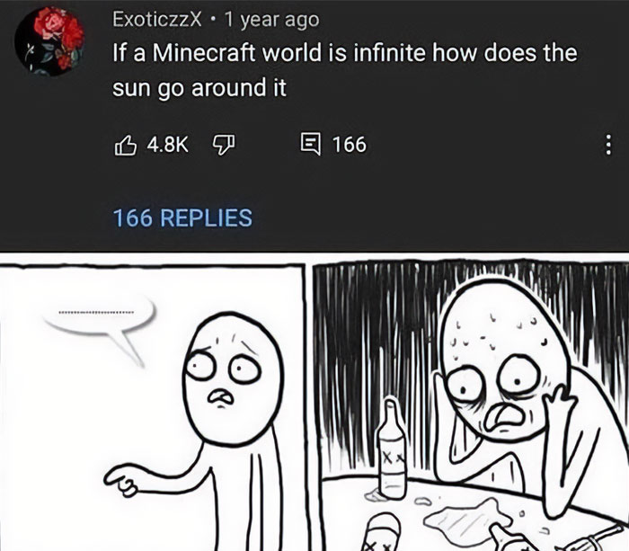 A Minecraft meme displaying a humorous YouTube comment questioning the logic of Minecraft's infinite world by asking, "If a Minecraft world is infinite how does the sun go around it," with 4.8K likes and 166 replies. Below the comment, a comic strip features a simple cartoon character looking perplexed and speechless, while another character appears overwhelmed, staring blankly in frustration, humorously reflecting the confusion caused by the question.