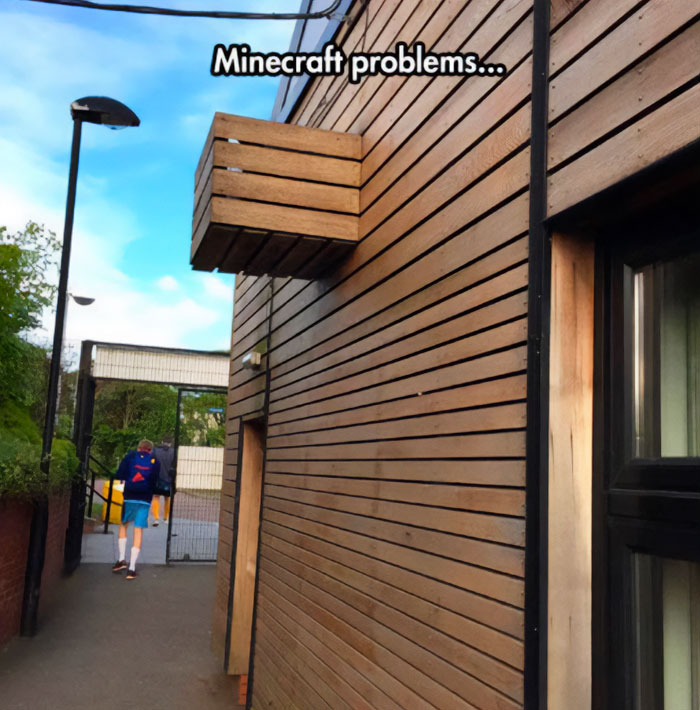 A Minecraft meme showing a real-life wooden building with a small wooden platform awkwardly sticking out from the wall, humorously resembling a floating block in Minecraft. The text at the top reads, "Minecraft problems..." implying that the floating structure looks like it defies gravity, much like objects in the game.