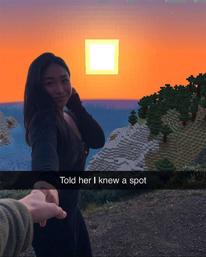 A Minecraft meme combining a real-life photo and a Minecraft landscape. A woman is holding someone's hand, leading them towards a scenic view, with a Minecraft sunset and blocky terrain in the background. The text reads, "Told her I knew a spot," humorously suggesting that the romantic location is actually in the Minecraft game world.