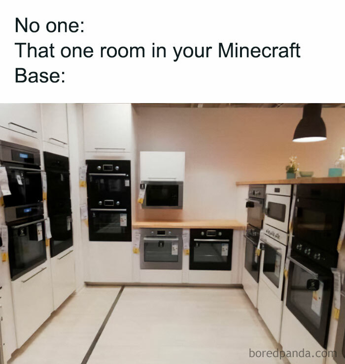 Minecraft meme: A humorous comparison showing a modern kitchen display with multiple ovens and appliances, resembling the cluttered, random room setups often found in Minecraft bases. The text reads, "No one: That one room in your Minecraft base," highlighting the funny chaos players sometimes create in their builds.