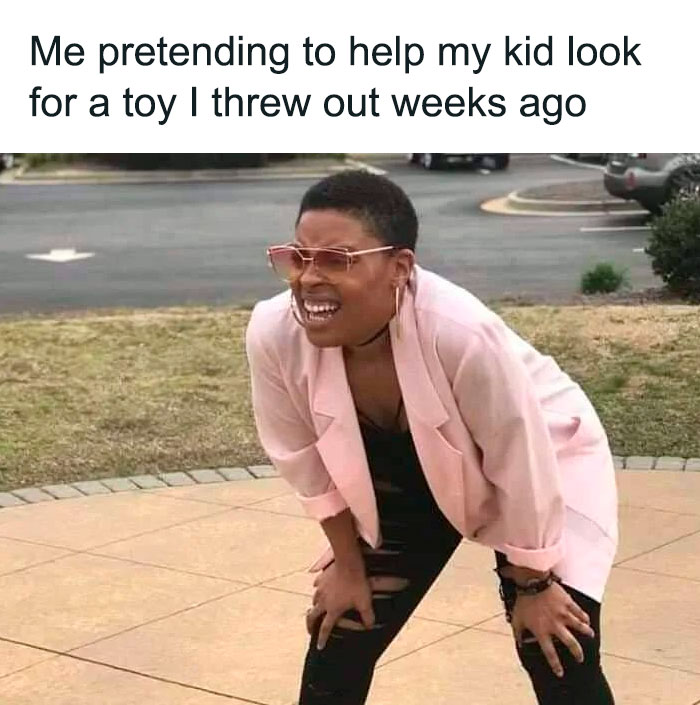 A Mom meme featuring a woman squinting and leaning forward with a concentrated expression, as if searching for something. The text above the image reads, "Me pretending to help my kid look for a toy I threw out weeks ago." The image humorously depicts the mom's feigned effort in looking for a toy that she secretly discarded.