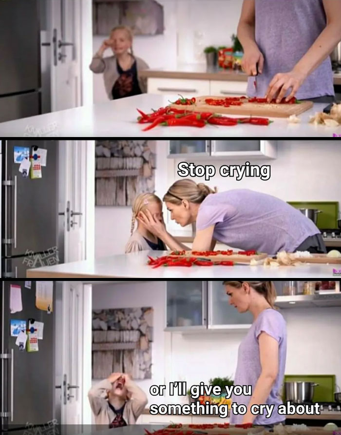 A Mom meme showing a three-panel sequence in a kitchen. In the first panel, a mom is chopping red chili peppers while her child, standing nearby, begins to cry. In the second panel, the mom holds the child's face, saying, "Stop crying." In the third panel, she continues, "or I’ll give you something to cry about," while the child looks distressed. The meme humorously captures the tough love approach some moms use to handle their children's crying.