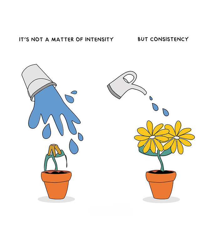  A motivational meme showing two plants. One is overwatered and wilting, while the other blooms with consistent watering. The text reads, "It's not a matter of intensity but consistency."