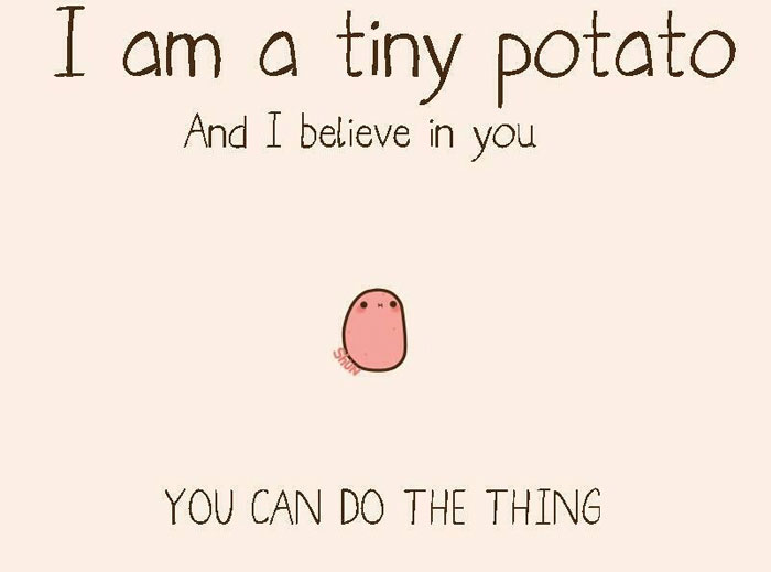 A motivational meme featuring a small cartoon potato with text that reads, "I am a tiny potato and I believe in you. You can do the thing."