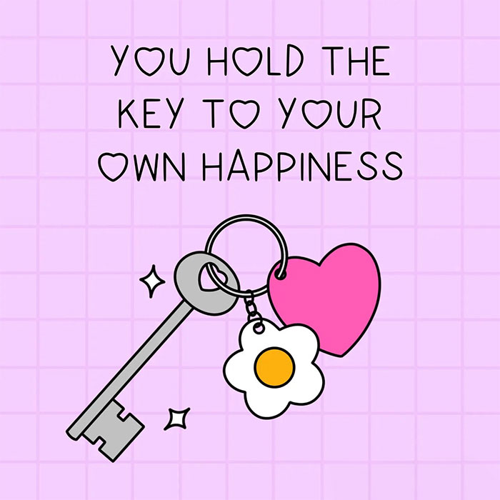 A motivational meme with a keychain illustration featuring a key, a heart, and a flower charm. The text reads, "You hold the key to your own happiness."