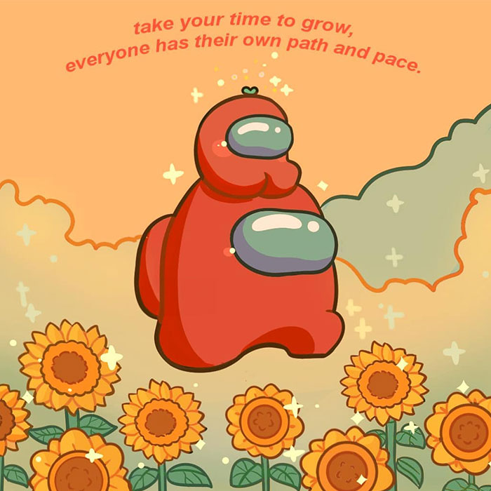 A motivational meme with a red, game-like character standing among sunflowers. The text reads, "Take your time to grow, everyone has their own path and pace."