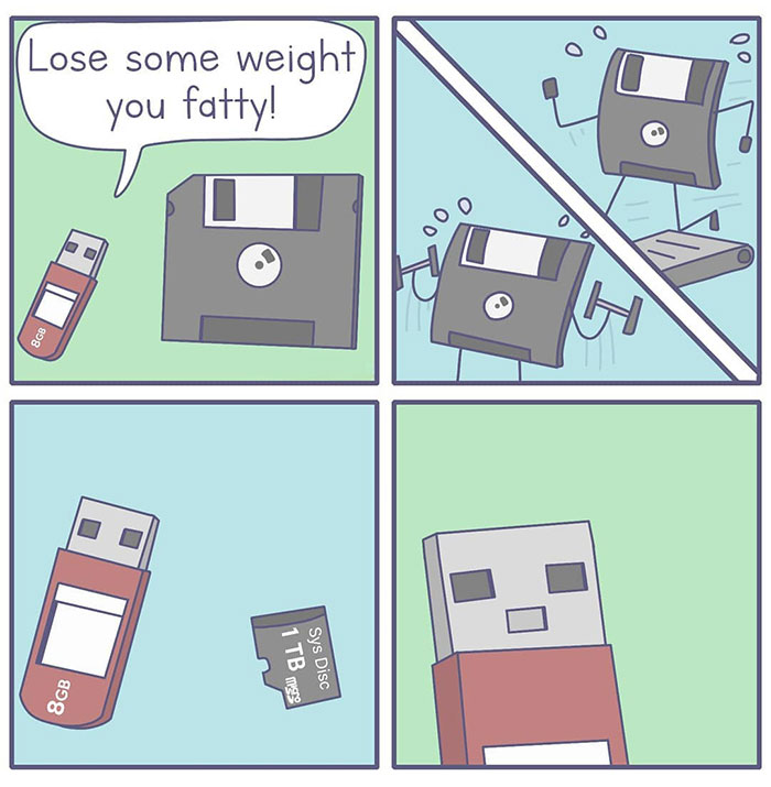 A motivational meme featuring a USB stick telling a floppy disk, "Lose some weight you fatty!" The floppy disk exercises, but in the end, is replaced by a microSD card.