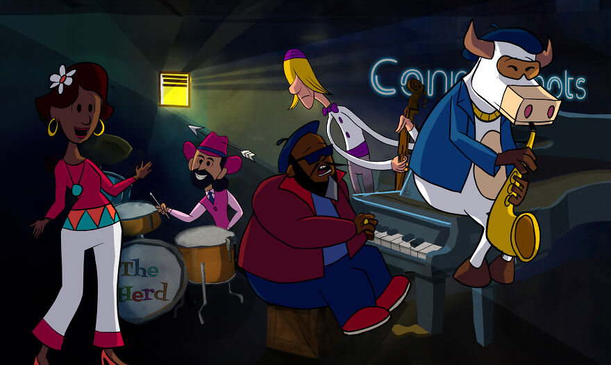 My Animated Sitcom About A Jazz-Playing Cow Who Reluctantly Leads A Group Of Musicians, Poets And Misfits (5 Pics)