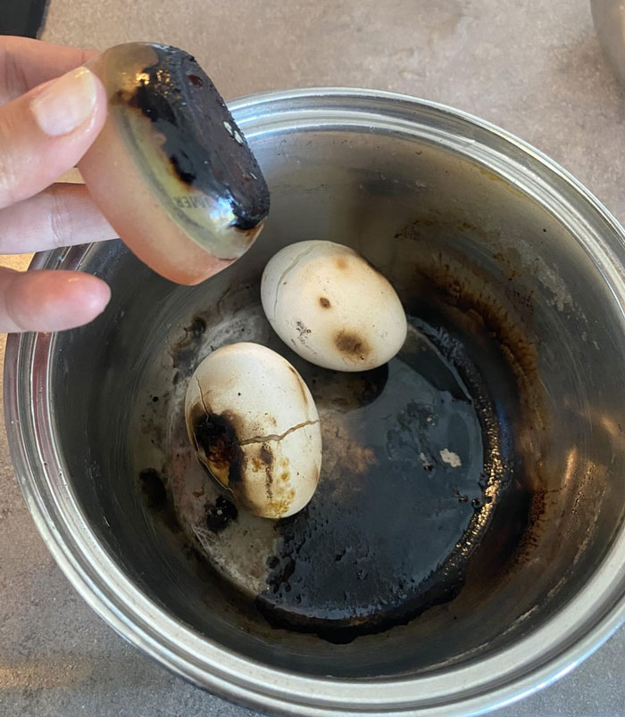 "Decided to boil some eggs while working from home…Needless to say I got a bit distracted with work… Water evaporated a lot faster than expected. What you see in the picture is a very much melted egg timer… I think this means I overcooked them. Luckily, fire alarm worked " - Old_Palpitation3846